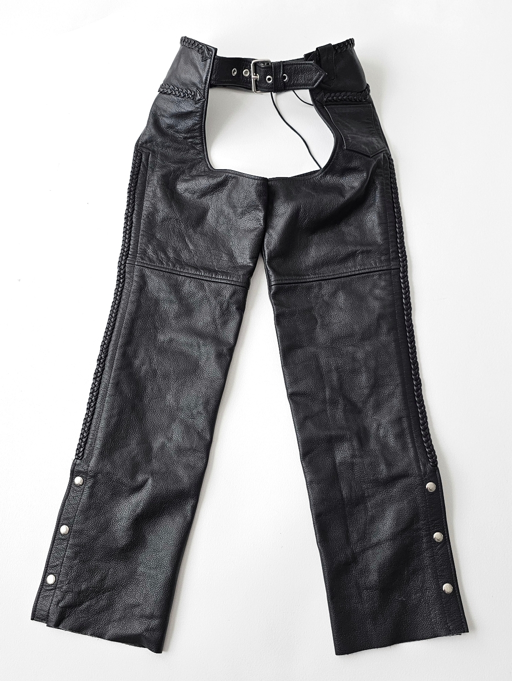 FMC Leather Western Chaps Black Braided Lace Up Moto Biker Pants XXXS